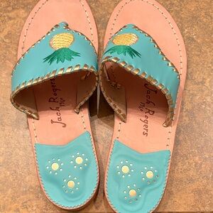 Jack Rogers Pineapple Embellished Sandals in Turquoise and Gold